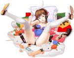  brown_hair d.va_(overwatch) dildo legs_up looking_at_viewer lying noobcake overwatch pillow solo spread_legs thighhighs white_legwear 