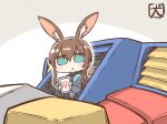  1girl akanotanin13 amiya_(arknights) animal_ears arknights black_jacket blue_collar blush_stickers brown_hair collar commentary_request gundam hood hooded_jacket jacket kurosawa_tomoyo mecha mobile_suit mobile_suit_gundam rabbit_ears rabbit_girl robot rx-78-2 voice_actor_connection 