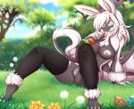  2018 5_fingers anthro areola breasts bunny_ears_(disambiguation) day detailed_background dragon female grass hair looking_at_viewer nipples outside pussy rainbowscreen sky solo white_hair yellow_eyes 