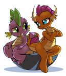  2018 blue_eyes crossed_arms cute dragon duo entwined_tails eye_contact eyebrows eyelashes fangs female folded_wings friendship_is_magic green_eyes grin gsphere hi_res horn male male/female membranous_wings my_little_pony nude raised_eyebrow scalie shadow short_stack simple_background sitting smile smolder_(mlp) spade_tail spike_(mlp) teeth thick_tail white_background wings young 