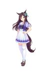  animal_ears black_hair full_body hand_on_hip highres horse_ears horse_girl horse_tail long_hair mejiro_dober official_art pleated_skirt purple_eyes school_uniform serafuku skirt solo standing tail thighhighs transparent_background umamusume white_legwear white_skirt zettai_ryouiki 