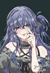  1girl akanbe artist_name black_choker black_ribbon blue_eyes blue_hair blush choker collarbone commentary dress eyelid_pull frilled_choker frilled_dress frills green_background grey_dress hair_ribbon highres izumi_shiho long_hair looking_at_viewer off-shoulder_dress off_shoulder one_side_up open_mouth ribbon sasayaku_you_ni_koi_wo_utau solo tongue tongue_out upper_body yoruneko_(liampadolina) 