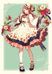  :d akagi_shun brown_eyes brown_hair commentary dress english_commentary eyebrows_visible_through_hair floral_print flower food fruit full_body green_background hat japanese_clothes long_hair long_sleeves open_mouth original shoes signature simple_background smile socks solo strawberry white_dress white_hat 