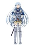  armor armored_boots blue_eyes blue_hair boots breasts detached_sleeves elbow_pads floating_hair full_body garter_straps grey_skirt hands_on_hips log_horizon long_hair looking_at_viewer medium_breasts miniskirt official_art open_mouth reinesia_el_arte_cowen sheath skirt solo standing thigh_boots thighhighs transparent_background very_long_hair 