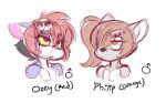  black_nose blue_fur brown_hair cat clothed clothing duo ear_tuft feline fur girly grey_fur hair lipstick long_hair makeup male mammal orange_eyes pantygremlin pink_nose red_eyes red_hair skull topless tuft white_fur yellow_sclera 