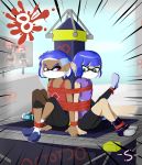  2boys 2girls angry blue_hair bondage boots bound bulge covered_face cycling_shorts dark_skin gag gagged green_eyes inkling light_skin multiple_boys multiple_girls octoling over_the_nose_gag purple_eyes sneakers splatoon splatoon_2 tape tied_up tights 