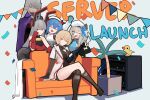  5girls absurdres animal_ears arm_up armchair armored_leotard beret blonde_hair blue_bow blue_eyes blue_gloves bottle bow breasts chair cleavage cleavage_cutout closed_eyes closed_mouth clothing_cutout colphne_(girls&#039;_frontline_2) dark-skinned_female dark_skin english_commentary english_text fake_animal_ears full_body gauntlets girls&#039;_frontline girls&#039;_frontline_2:_exilium gloves grey_hair hair_between_eyes hand_up hat highres holding_glass_bottle krolik_(girls&#039;_frontline_2) leaning_forward leotard long_hair long_sleeves looking_at_viewer mechanical_ears multiple_girls myticalcat nemesis_(girls&#039;_frontline_2) one_eye_closed open_mouth orange_eyes ots-14_(girls&#039;_frontline) playboy_bunny rabbit_ears red_eyes rubber_duck sidelocks sitting smile standing tactical_playboy_bunny v vepley_(girls&#039;_frontline_2) wine_bottle 