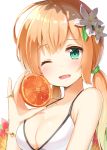  ;d bangs bare_shoulders bikini bikini_top blush bracelet breasts cleavage collarbone commentary_request eyebrows_visible_through_hair flower food fruit green_eyes hair_between_eyes hair_flower hair_ornament hand_up head_tilt holding holding_food jewelry light_brown_hair long_hair looking_at_viewer low_twintails medium_breasts ominaeshi_(takenoko) one_eye_closed open_mouth orange original red_flower ring smile solo swimsuit twintails white_background white_bikini white_flower 