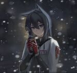  1girl absurdres alter_kamerade animal_ear_fluff animal_ear_piercing animal_ears arknights black_eyes black_hair character_name chinese_commentary commentary_request cup disposable_coffee_cup disposable_cup drink gloves hair_between_eyes highres holding holding_drink inset jacket lanyard looking_at_viewer medium_hair night official_art_inset outdoors partial_commentary red_gloves sidelocks snowing solo steam texas_(arknights) upper_body white_jacket wolf_ears wolf_girl 