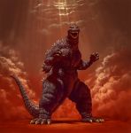  ambiguous_gender anthro back_spikes claws cloud detailed_background dust fangs featureless_crotch fighting_pose godzilla godzilla_(series) ilmizu looking_at_viewer male nude open_mouth outside red_theme reptile roaring scalie sharp_teeth solo standing sunbeam teeth toe_claws tongue wide_stance 
