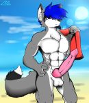  abs balls beach big_penis black_fur blue_hair canine carrus facial_hair fox fur goatee grey_fur hair hybrid male mammal muscular nude penis red_eyes seaside simple_background sky solo towel white_fur wolf 