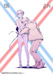  1girl absurdres artist_name bangs belt boots closed_eyes closed_mouth collared_shirt crying darling_in_the_franxx futoshi_(darling_in_the_franxx) glasses gorgeous_mushroom hair_bun highres hood hood_down hug ikuno_(darling_in_the_franxx) jacket limited_palette long_sleeves looking_at_another open_mouth pants parted_bangs shirt shoes smile tears wing_collar 