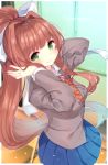  arare_mochiko bangs blue_skirt blurry blurry_background blush bow brown_hair chair classroom closed_mouth cowboy_shot day doki_doki_literature_club green_eyes grey_jacket hair_bow hair_intakes hands_on_own_face hands_up indoors jacket long_hair long_sleeves looking_at_viewer monika_(doki_doki_literature_club) neck_ribbon pleated_skirt ponytail red_neckwear red_ribbon ribbon school school_chair school_uniform shiny shiny_hair sidelocks skirt smile solo standing very_long_hair vest window 