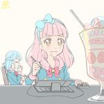  aikatsu!_(series) aikatsu_friends! bangs blue_bow blue_hair blush bow bright_pupils closed_eyes closed_mouth commentary cup drawing_tablet drinking drooling eyebrows_visible_through_hair hair_bow holding holding_cup kueru_(yuuki_tamerawanai) long_hair minato_mio multiple_girls pale_color parfait pastel_colors pink_hair plate red_neckwear school_uniform simple_background star_harmony_academy_uniform white_background white_pupils yellow_eyes yuuki_aine 