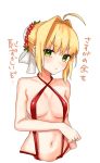  ahoge bangs bare_shoulders blonde_hair blush breasts bun_cover cleavage collarbone cropped_torso eyebrows_visible_through_hair eyelashes fate/extra fate/extra_ccc fate_(series) flower green_eyes hair_bun hair_flower hair_intakes hair_ornament head_tilt highres kyuuri_(yumi20010221) looking_at_viewer medium_breasts navel nero_claudius_(fate) nero_claudius_(fate)_(all) red_flower red_swimsuit shiny shiny_clothes short_hair sidelocks simple_background slingshot_swimsuit solo stomach swimsuit translation_request upper_body v-shaped_eyebrows white_background 