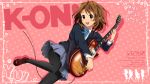  blue_skirt blush bolo_tie brown_eyes brown_hair character_name commentary_request copyright_name guitar hair_ornament hairclip hirasawa_yui instrument k-on! kou_(aimai) loafers looking_at_viewer music open_mouth pantyhose pink_background playing_instrument pleated_skirt polka_dot polka_dot_background sakuragaoka_high_school_uniform school_uniform shoes silhouette skirt smile solo text_focus wallpaper 