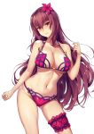  bangs bikini breasts cleavage commentary_request cowboy_shot eyebrows_visible_through_hair fate/grand_order fate_(series) flower hair_flower hair_intakes hair_ornament highres large_breasts leg_garter long_hair looking_at_viewer navel parted_lips pink_bikini purple_bikini purple_hair red_eyes scathach_(fate)_(all) scathach_(swimsuit_assassin)_(fate) simple_background solo swimsuit thigh_strap white_background yuewu_zhu_youdi 