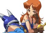 1girl armor bare_shoulders blue_thighhighs breasts commentary_request daisy_(dq) dragon_quest dragon_quest_yuusha_abel_densetsu fake_horns head_rest helmet horned_helmet horns long_hair lying matsudo_aya oekaki on_side orange_eyes orange_hair simple_background small_breasts solo sword thighhighs unworn_headwear unworn_helmet weapon white_background 