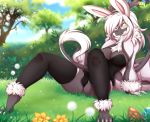  2018 5_fingers anthro breasts bunny_ears_(disambiguation) camel_toe clothed clothing day dragon female grass hair looking_at_viewer outside rainbowscreen sky solo white_hair yellow_eyes 