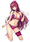  bangs barefoot bikini breasts cleavage commentary_request eyebrows_visible_through_hair fate/grand_order fate_(series) flower full_body hair_flower hair_intakes hair_ornament highres large_breasts leg_garter long_hair looking_at_viewer navel parted_lips pink_bikini purple_bikini purple_hair red_eyes scathach_(fate)_(all) scathach_(swimsuit_assassin)_(fate) simple_background solo swimsuit thigh_strap white_background yuewu_zhu_youdi 