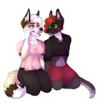  2018 5_fingers african_wild_dog anthro blvejay canine clothed clothing detailed digital_media_(artwork) dog duo ear_piercing facial_piercing female flirting fully_clothed hand_holding happy hip_piercing hybrid mammal moss_(blvejay) piercing safe shaded sitting smile zepp-lynn 
