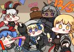  5girls absurdres animal_ears arm_up armored_leotard beret black_gloves blonde_hair blue_eyes blue_gloves blue_necktie blush_stickers bow cake chocolate_cake collared_shirt colphne_(girls&#039;_frontline_2) cup dark-skinned_female dark_skin english_commentary english_text fake_animal_ears fingerless_gloves food girls&#039;_frontline_2:_exilium gloves glowstick grey_shirt hat highres holding holding_cup holding_glowstick holding_hands holding_tray krolik_(girls&#039;_frontline_2) leotard long_hair long_sleeves looking_at_viewer mechanical_ears multiple_girls necktie nemesis_(girls&#039;_frontline_2) open_mouth ots-14_(girls&#039;_frontline) playboy_bunny pleated_skirt pure_boy rabbit_ears red_eyes ribbon shirt skirt smile tactical_playboy_bunny tray upper_body vepley_(girls&#039;_frontline_2) yellow_eyes 