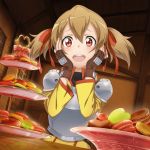  :_code_register :d breastplate brown_gloves brown_hair dutch_angle fingerless_gloves food gloves hair_between_eyes hair_ribbon hands_on_own_cheeks hands_on_own_face heart indoors long_hair official_art open_mouth red_eyes red_ribbon ribbon shoulder_pads silica smile solo sword_art_online twintails upper_body 