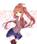  bangs black_legwear blazer blue_skirt blush book bow breasts brown_hair closed_mouth collared_shirt commentary cowboy_shot doki_doki_literature_club english_commentary eyebrows_visible_through_hair green_eyes grey_jacket hair_bow hair_intakes hand_on_own_chin heart heart_background high_ponytail highres holding holding_book jacket long_hair long_sleeves looking_at_viewer medium_breasts miniskirt monika_(doki_doki_literature_club) neck_ribbon oma-chi orange_sweater pleated_skirt ponytail red_neckwear red_ribbon ribbon school_uniform shirt sidelocks simple_background skirt smile solo standing sweater thighhighs very_long_hair white_background white_shirt wing_collar zettai_ryouiki 