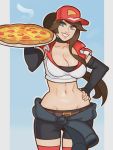  blue_eyes breasts brown_hair cleavage clothes_around_waist commentary elbow_gloves employee_uniform english_commentary fingerless_gloves food gloves hand_on_hip highres large_breasts league_of_legends looking_at_viewer midriff navel pizza pizza_delivery pizza_delivery_sivir ponytail short_sleeves shorts sivir smile splashbrush uniform 