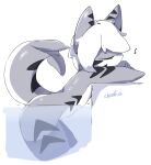anthro canid canine changed_(video_game) cheesefries fin fish goo_creature grey_body hair hi_res male mammal marine multicolored_body shark shark_tail simple_background stripes tail the_shark_(changed) white_body white_hair