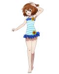  :d armpits barefoot bracelet brown_eyes brown_hair casual_one-piece_swimsuit eyebrows_visible_through_hair flower frilled_swimsuit frills full_body hair_between_eyes jewelry log_horizon minori_(log_horizon) official_art one-piece_swimsuit open_mouth short_hair smile solo standing striped striped_swimsuit sunflower swimsuit transparent_background yellow_flower 