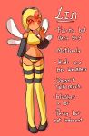  anthro anthrofied armor arthropod blush clothed clothing english_text eyelashes female footwear helmet high_heels humanoid_hands insect insect_wings legwear lin_(nekuzx) looking_at_viewer mammal nekuzx nintendo no_sclera orange_body panties pok&eacute;mon pok&eacute;mon_(species) red_background red_eyes shirt shoes simple_background slim solo standing stockings text thigh_highs underwear vespiquen video_games waving wide_hips wings 