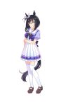  animal_ears black_hair blue_eyes eishin_flash full_body hair_between_eyes highres holding_own_arm horse_ears horse_girl horse_tail official_art pleated_skirt school_uniform serafuku skirt solo standing tail thighhighs transparent_background umamusume white_legwear white_skirt zettai_ryouiki 