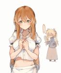  2girls alternate_costume alternate_hairstyle apron bangs blonde_hair blush breasts brown_hair buttoning buttons cleavage closed_mouth collarbone commentary_request enmaided eyebrows_visible_through_hair faceless g36_(girls_frontline) girls_frontline green_eyes hair_between_eyes hair_ribbon holding_mirror jacket large_breasts long_hair long_skirt long_sleeves looking_at_breasts looking_back m1903_springfield_(girls_frontline) maid mirror multiple_girls puffy_short_sleeves puffy_sleeves ribbon shirt short_sleeves shuzi sidelocks simple_background skirt twintails unbuttoned unbuttoned_shirt very_long_hair white_background worried 