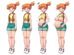  blue_eyes blush boris_(noborhys) breast_growth breasts covered_nipples dark_nipples full_body heart heart-shaped_pupils highres kasumi_(pokemon) large_breasts medium_breasts midriff navel nipples orange_hair pokemon pokemon_(anime) pokemon_(classic_anime) pregnant progression shirt_lift shoes side_ponytail sneakers solo surprised suspenders symbol-shaped_pupils tank_top_lift underboob 
