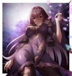 absurdres bangs breasts cleavage commentary_request dress eyebrows_visible_through_hair fate/grand_order fate_(series) fur_trim headpiece highres jewelry large_breasts long_hair looking_at_viewer pantyhose purple_dress purple_hair red_eyes scathach_(fate)_(all) scathach_skadi_(fate/grand_order) smile solo ten_no_hoshi tiara torn_clothes wand 
