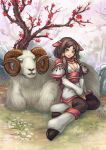  2015 breasts brown_eyes brown_hair caprine cherry_blossom clothed clothing detailed_background duo female flower fully_clothed fur grass hair horn human japanese_clothing kaizeru_(artist) kimono legwear looking_at_viewer lying male mammal nature outside plant relaxing sheep sitting thigh_highs white_fur year_of_the_goat yellow_eyes 