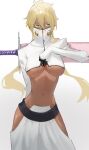  1girl absurdres arrancar bleach blonde_hair breast_tattoo breasts channyy19 dark-skinned_female dark_skin highres navel number_tattoo revealing_clothes solo sword tattoo tier_harribel underboob weapon 