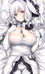  ahoge azur_lane bangs bed_sheet blue_eyes blush breasts closed_mouth cross dakimakura dress elbow_gloves eyebrows_visible_through_hair gloves hands_up headdress illustrious_(azur_lane) jewelry large_breasts long_hair looking_at_viewer lying mole mole_under_eye necklace on_back pillow silver_hair smile solo tony_guisado tri_tails upper_body white_dress white_gloves 