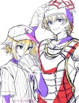  2boys arm_up baseball_cap baseball_mitt baseball_uniform blonde_hair blue_eyes catcher's_mask catcher_(baseball) chest_protector fura_kanato green_eyes hair_between_eyes hand_up hat layered_sleeves long_sleeves male_focus multiple_boys nijisanji ninahachi purple_shirt shirt short_over_long_sleeves short_sleeves simple_background smile sportswear striped_clothes striped_shirt twitter_username umpire upper_body uzuki_kou vertical-striped_clothes vertical-striped_shirt virtual_youtuber white_background white_shirt 