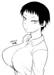  breasts closed_mouth collared_shirt dated greyscale huge_breasts long_sleeves looking_at_viewer monochrome original sanpaku shirt signature simple_background solo tsukudani_(coke-buta) upper_body white_background wing_collar 