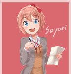  :d bangs blazer blue_eyes border bow brown_hair character_name collared_shirt david_dai doki_doki_literature_club eyebrows_visible_through_hair grey_jacket hair_bow hand_up holding holding_paper holding_pen jacket long_sleeves looking_at_viewer neck_ribbon open_clothes open_jacket open_mouth orange_sweater paper pen red_background red_bow red_neckwear red_ribbon ribbon round_teeth sayori_(doki_doki_literature_club) school_uniform shirt short_hair simple_background smile solo sweater tareme teeth upper_body white_shirt wing_collar 