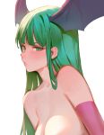  bangs bare_shoulders blush breasts cleavage commentary detached_sleeves english_commentary green_eyes green_hair hair_behind_ear head_wings long_hair looking_at_viewer medium_breasts morrigan_aensland open_mouth parted_lips pink_lips solo tim_loechner vampire_(game) 