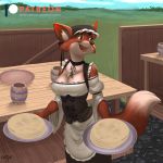  2018 anthro breasts canine cleavage clothed clothing digital_media_(artwork) dipstick_tail disney female fox holding_object inner_ear_fluff kevinsano maid_marian maid_uniform mammal multicolored_tail open_mouth patreon robin_hood_(disney) solo uniform 