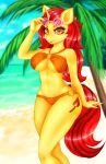  2018 5_fingers anthro beach big_breasts bikini blurred_background breasts clothed clothing cute cutie_mark equine eyebrows eyelashes eyewear fan_character female freckles fully_clothed hair horn leaves long_hair looking_at_viewer mammal my_little_pony navel orange_eyes outside palm_tree pinktooth portrait pose red_hair sand seaside sky smile solo standing sunglasses swimsuit thick_thighs three-quarter_portrait tree under_boob unicorn water 