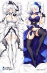  :d ahoge azur_lane bangs bed_sheet black_gloves blue_dress blue_eyes blush bra breasts closed_mouth cross cuddly_octopus cup dakimakura dress elbow_gloves eyebrows_visible_through_hair flower garter_belt gloves hair_flower hair_ornament hands_up headdress highres holding illustrious_(azur_lane) jewelry large_breasts long_hair looking_at_viewer lying mole mole_under_eye multiple_views necklace on_back open_mouth pillow pinky_out purple_bra purple_legwear silver_hair smile spread_legs teacup thighhighs tony_guisado tri_tails underwear watermark web_address white_dress white_gloves white_legwear 