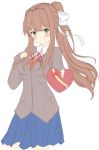  &gt;:) absurdres bangs blazer blue_skirt blush bow box breasts brown_hair closed_mouth collared_shirt cowboy_shot doki_doki_literature_club eyebrows_visible_through_hair gift gift_box giving green_eyes grey_jacket hair_bow hair_intakes hand_on_own_chest heart-shaped_box highres holding holding_gift incoming_gift jacket littlehobby long_hair long_sleeves looking_at_viewer medium_breasts monika_(doki_doki_literature_club) neck_ribbon pleated_skirt ponytail red_neckwear red_ribbon ribbon school_uniform shirt sidelocks simple_background skirt smile solo standing v-shaped_eyebrows valentine vest white_background white_bow white_shirt wing_collar 