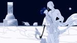  1other aechmea_(houseki_no_kuni) androgynous arm_around_waist bangs blue_eyes blue_hair blunt_bangs closed_eyes earlobes ebi_(0412sun) golden_arms houseki_no_kuni looking_at_viewer mole mole_under_eye phosphophyllite phosphophyllite_(ll) seashell shawl shell short_hair spoilers sword weapon white_hair 