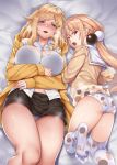  ass blonde_hair blue_eyes blush bottomless breasts commentary_request feet hair_bobbles hair_ornament highres hood hoodie large_breasts long_hair looking_at_viewer looking_back lying medium_hair multiple_girls mushi024 on_back on_bed on_stomach open_mouth over-kneehighs panties red_eyes see-through skirt soles sweat thighhighs thighs underwear 