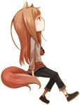  animal_ears arm_support ayakura_juu black_footwear black_pants brown_hair grey_shirt holo invisible_chair long_hair looking_up lowres non-web_source novel_illustration official_art pants pouch red_eyes shirt shoes simple_background sitting solo spice_and_wolf tail white_background wolf_ears wolf_girl wolf_tail 